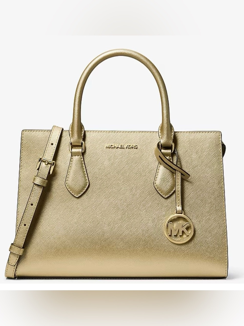 NWT Michael Kors Sheila Medium Metallic Gold Saffiano Leather Satchel